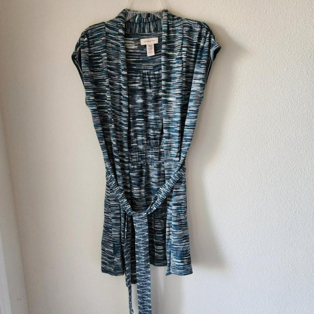 Y2K blue striped Knit sweater Mini dress wrap Sleeveless Sz S Boho Indie